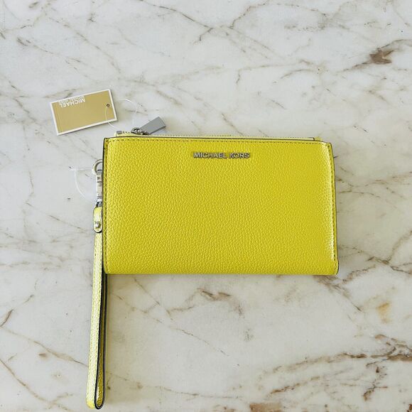 MICHAEL KORS Jet Set Lime Light Yellow Leather Double Zip Wallet Wristlet - Picture 1 of 7